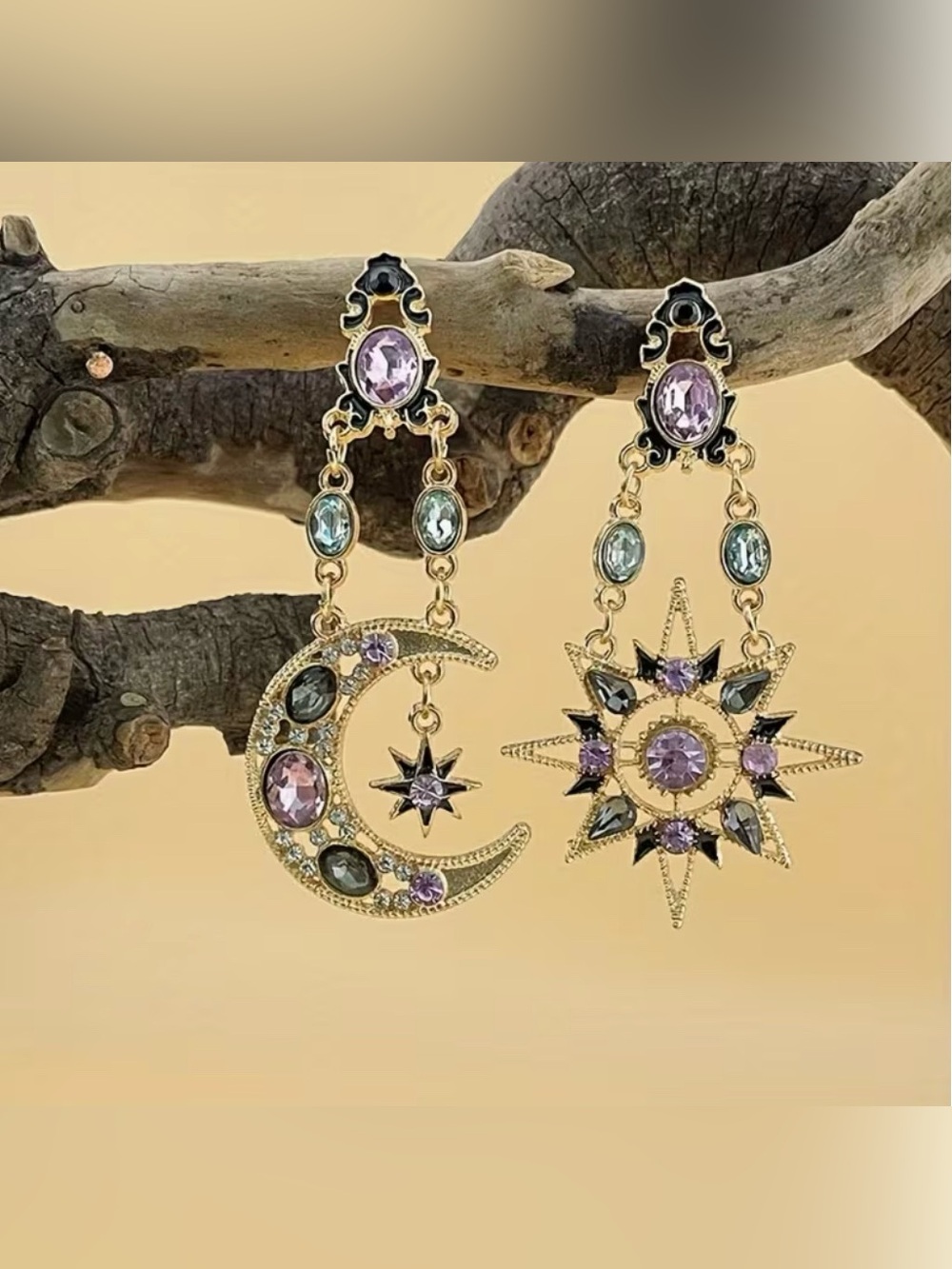 Bohemian Stainless Steel Asymmetrical Sun & Moon Dangle Earrings